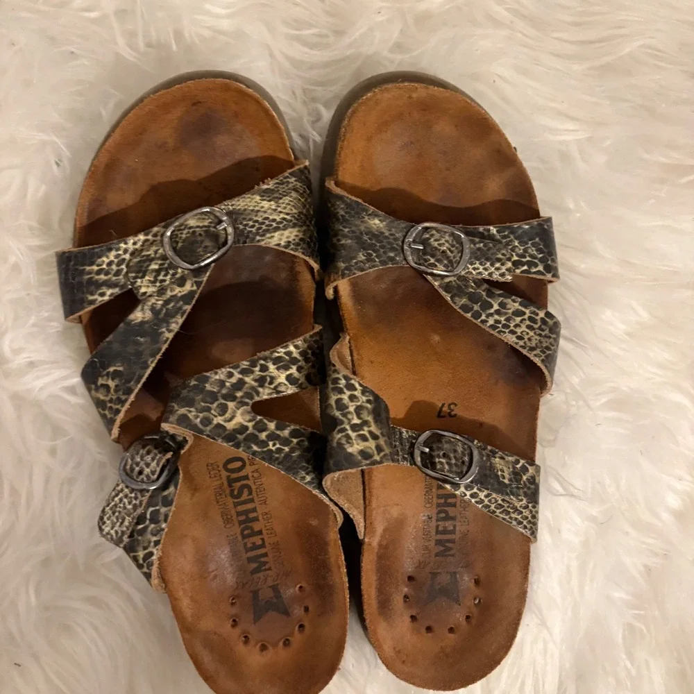 Mephisto Womens Helen Snakeskin Print Leather Buckle Slide Sandals Size 37 US 7